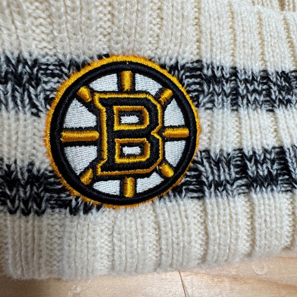 Boston Bruins NHL Knit Cuffed Beanie Pom Hat Cream Black Gold Striped Men Women - Picture 2 of 5